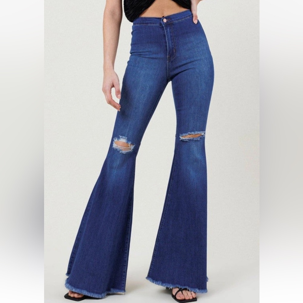 Women’s High Rise Distressed Flare Jeans Raw Hem Bell Bottom Stretch Denim Sz 3